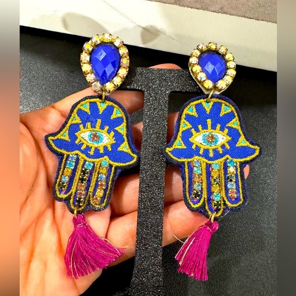 Jewelry - Handmade Hamsa Evil Eye Earrings Embroidered Blue Gold Crystal Tassel Dangles